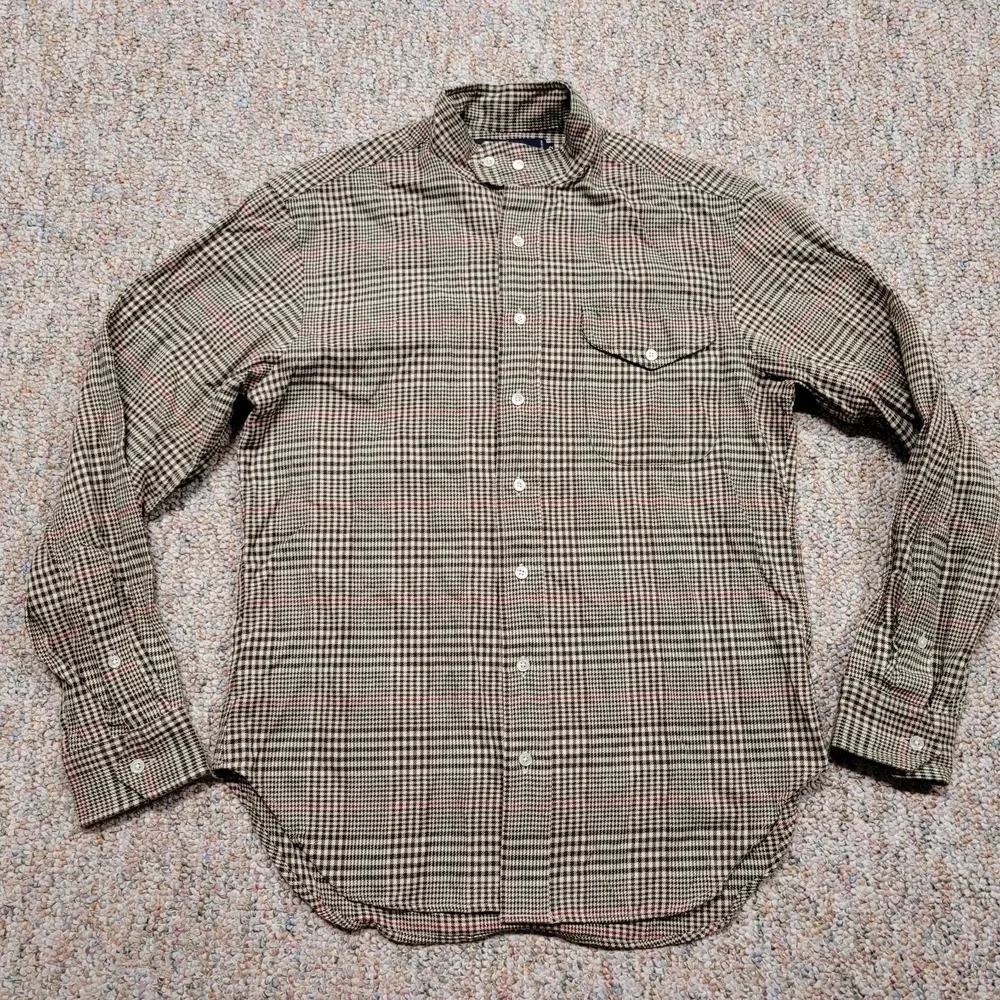 Ralph Lauren Shirt Boys 12 Brown Houndstooth‎ Plaid Band Collar Cotton Top Pony
